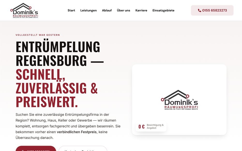 Startseite von raeumungsprofi-dominik.de mit der Überschrift Entrümpelung Regensburg